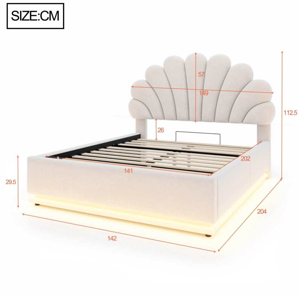 Letto imbottito 140x200 cm in velluto beige con LED e vano