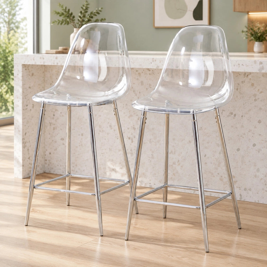 Set di 2 sgabelli da bar trasparenti con struttura in metallo argento