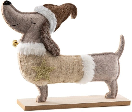 Decorazione figurina cagnolino - Base velluto legno - Decorazione natalizia - Paillette stella dorata - 27 cm largo - Aspetto accogliente