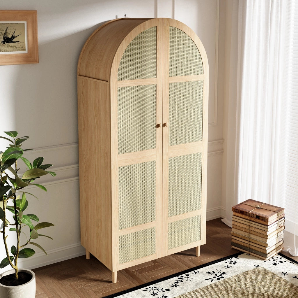 Armadio moderno con ante curve in rattan, 80x50x179 cm, con asta appendiabiti e cassetti, colore naturale