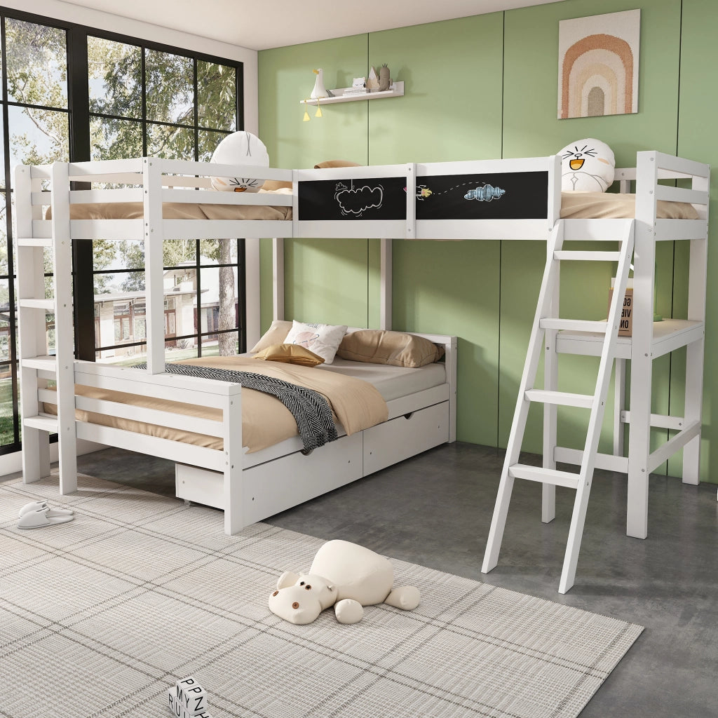 OKWISH Letto a Castello 140×200 cm e 90×200 cm, Letto 3 Posti con 2 Cassetti, Scrivania Integrata e Mensole, senza Materasso, Bianco