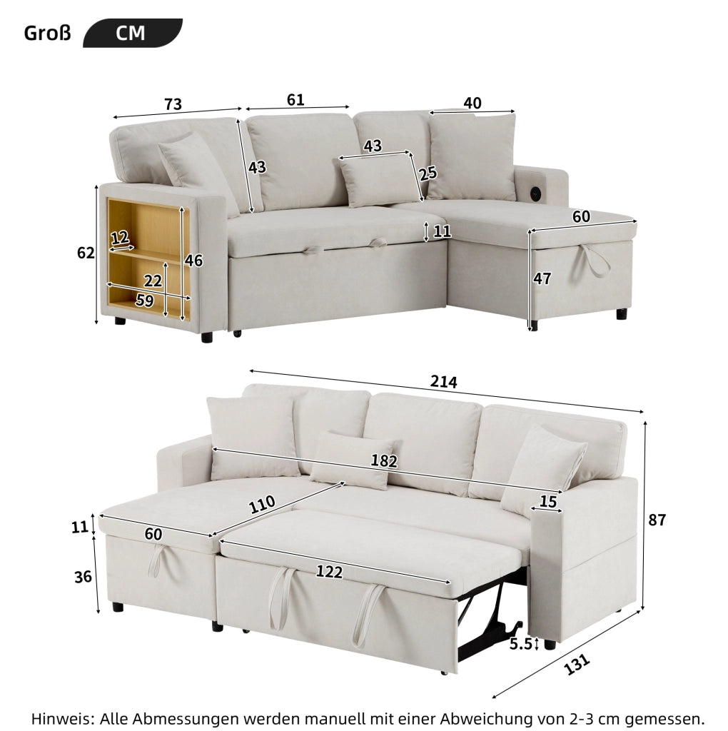 Divano letto 3 posti reversibile con USB; contenitore; 3 cuscini; MDF; beige