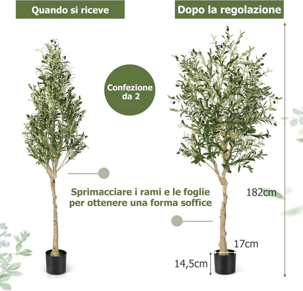 Pianta Finta da Interno da 182 cm, Olivo Artificiale da 2 Pezzi con Vaso di Cemento, 1296 Foglie e 72 Frutti, Pianta Finta per Soggiorno, Ufficio e Negozio (1)