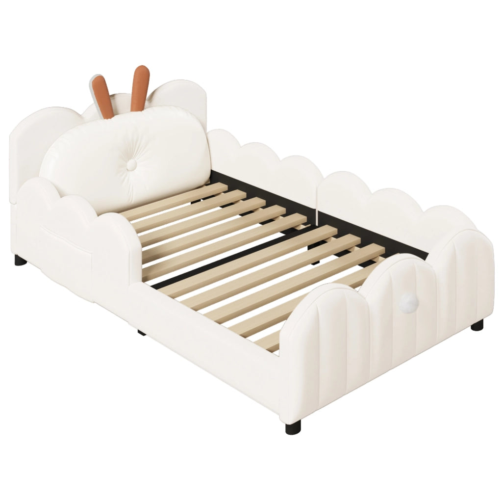 Letto piattaforma imbottito 90x200 cm con cuscino a forma di coniglio, beige