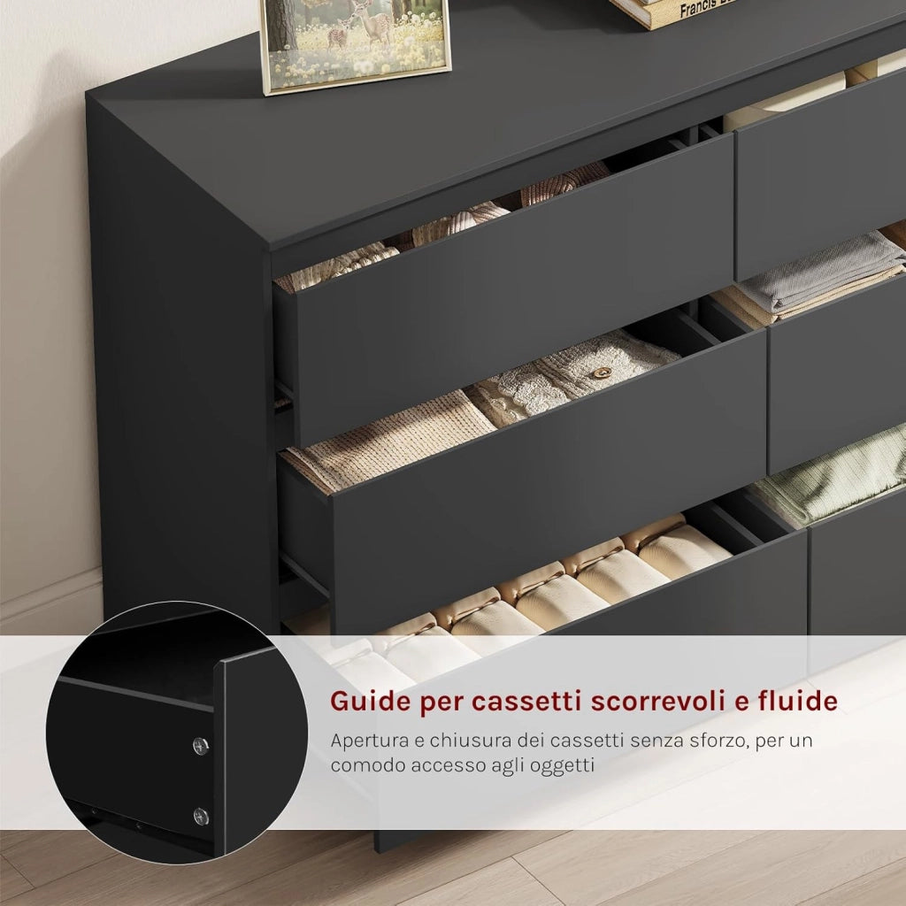 Cassettiera Camera da Letto, Mobile Ingresso con 6 Cassetti, Salvaspazio e Moderno per Soggiorno, Corridoio, in Legno, 120x40x75 cm, Nero