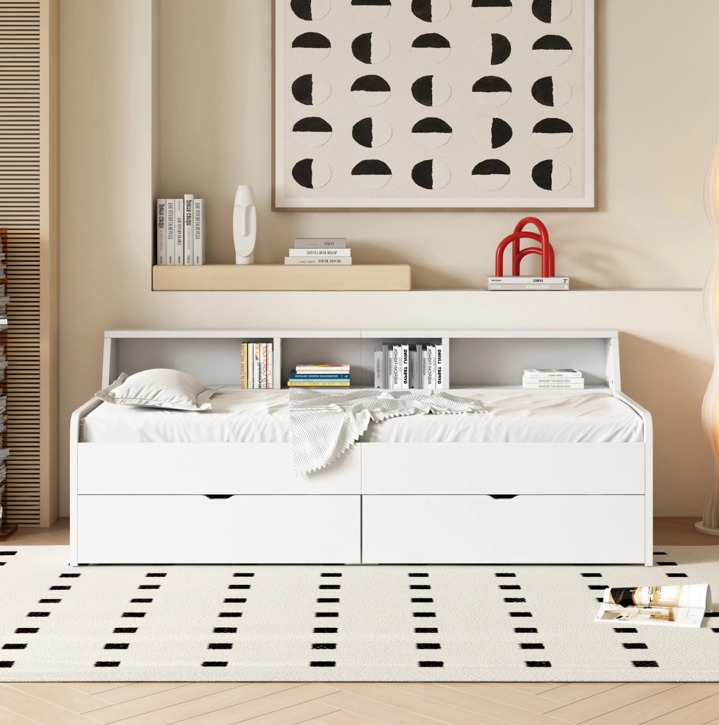 Letto singolo con 2 cassetti e vani portaoggetti 90x200 cm; bianco