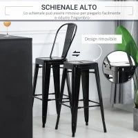 Set 4 Sgabelli Ergonomici con Schienale Rimovibile e Poggiapiedi, Sgabelli da Cucina in Metallo, 44x46x116 cm, Nero