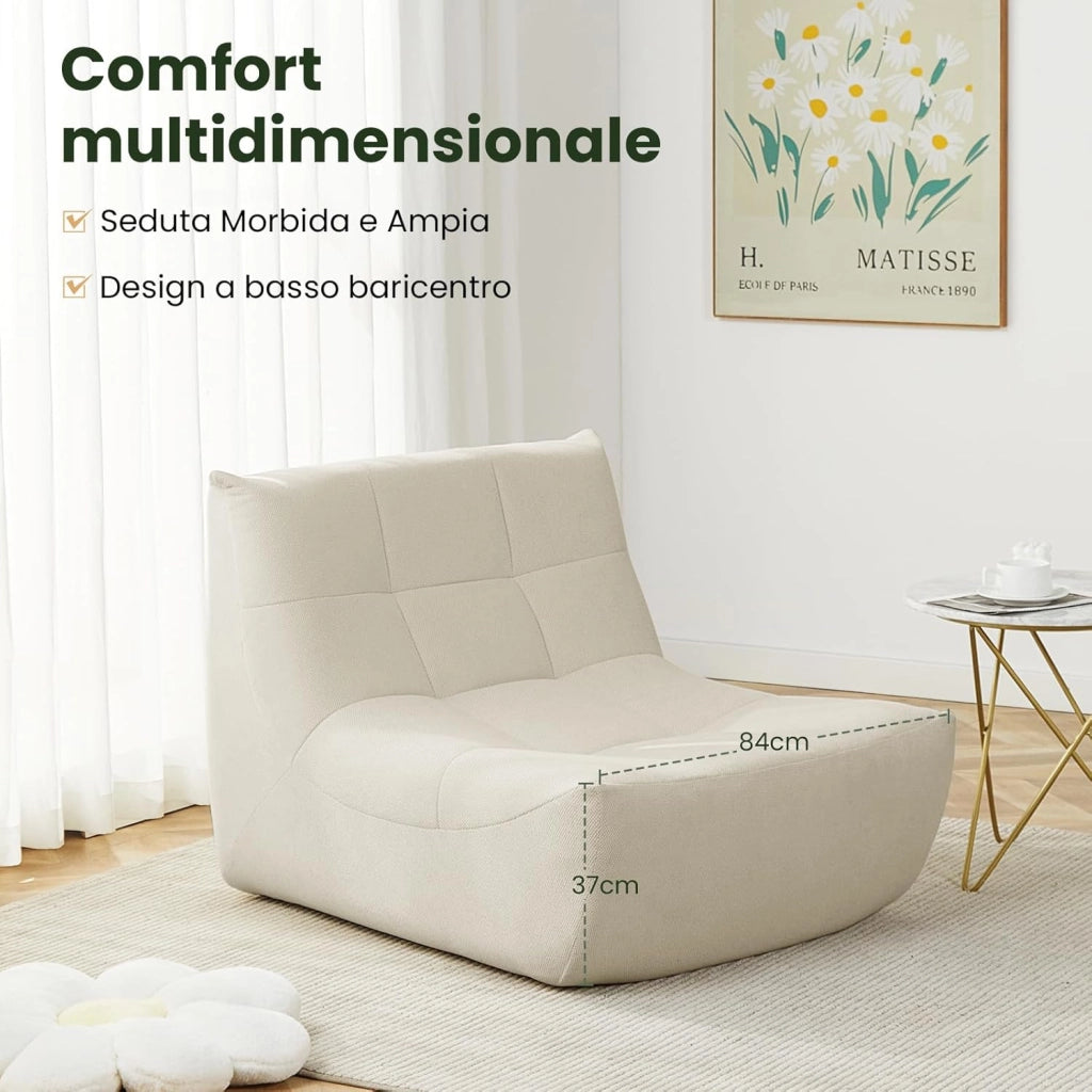 Poltrona Imbottita da Terra, Pouf Poltrona con Schienale, Sfoderabile, per Soggiorno, Camera da Letto, Balcone, 98x84x73 cm, in Spugna, Beige, 0033XXY