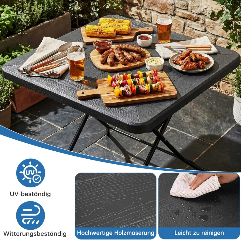 Tavolo da Giardino 80 x 80 x 74 cm, Tavolo Pieghevole Portatile, Tavolo da Campeggio in HDPE, Piano Effetto Legno, con Telaio in Acciaio, Carico Massimo 50 kg, per Giardino, Terrazza e Balcone