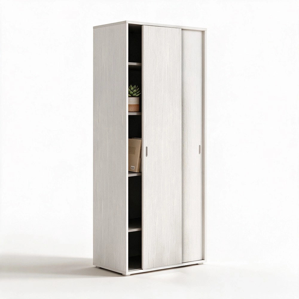 Armadio due ante scorrevoli 90x43x212h con ripiani colore bianco frassinato