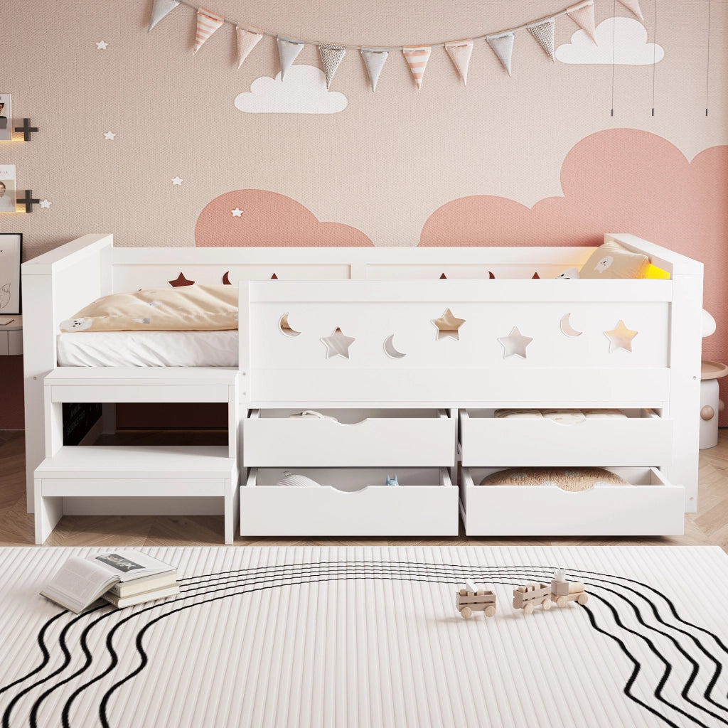 Letto singolo per bambini 90x200 cm con sponde stelle e luna; lavagna; cassetti; gradino e LED; legno bianco