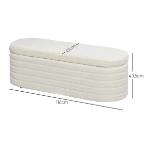 Panca da letto con contenitore in poliestere effetto teddy e gambe in legno bianco crema 116 × 41 × 40,5 cm