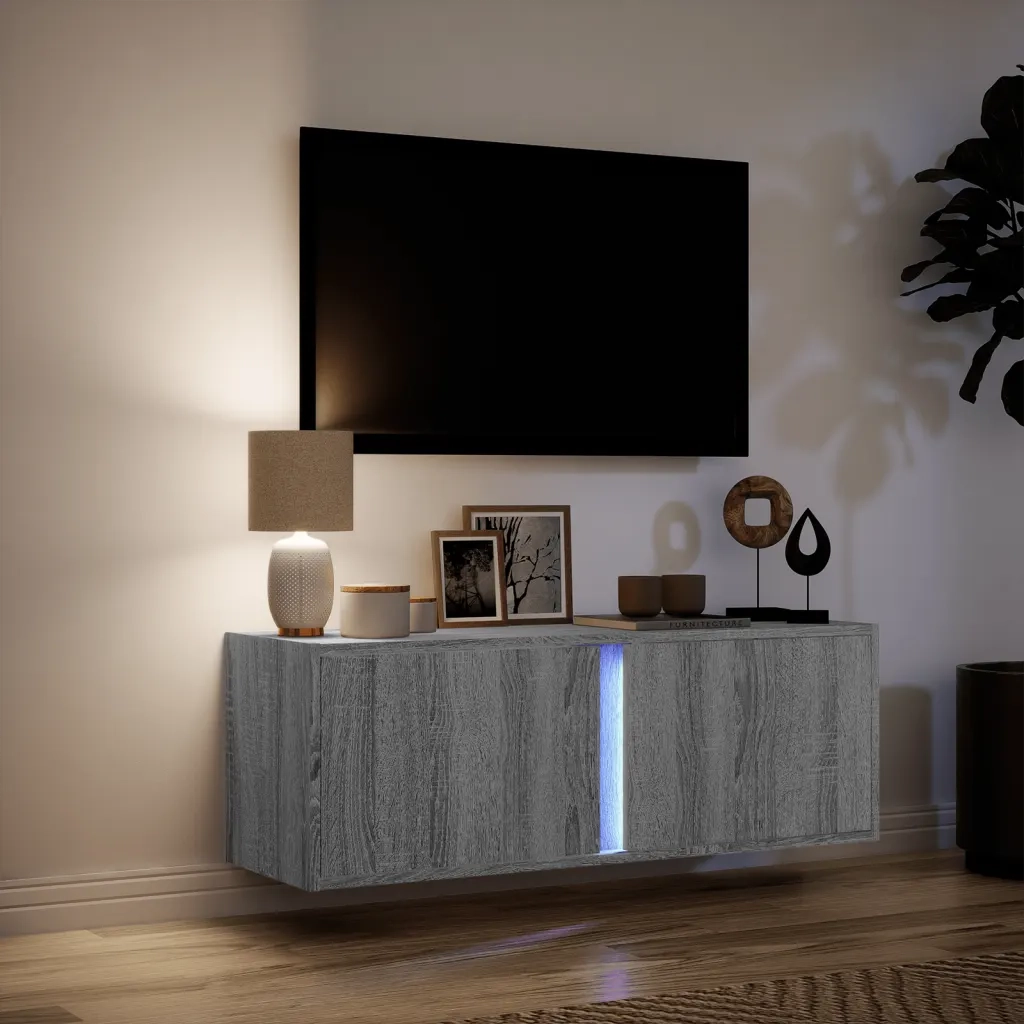 Mobile TV a Parete con Luci LED Grigio Sonoma 100x31x35 cm
