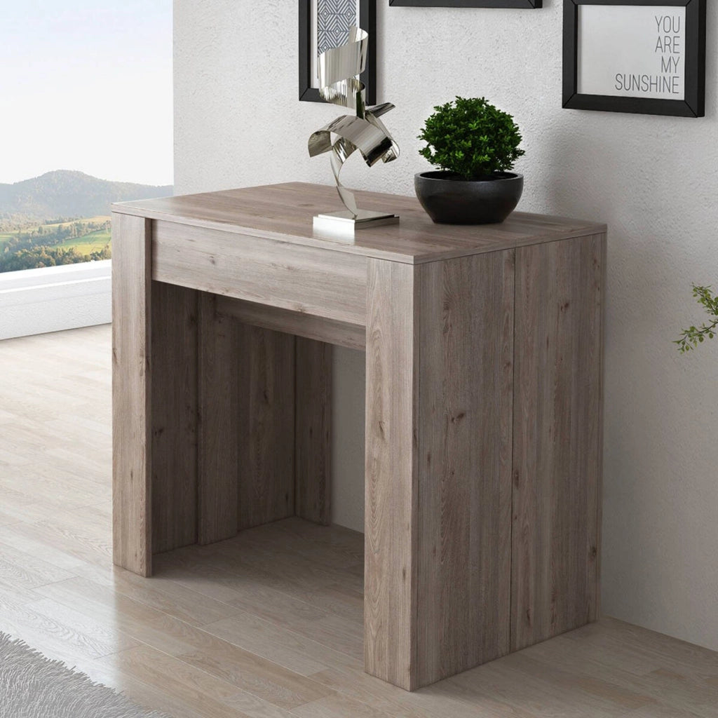 Consolle allungabile Vaelis, trasformabile in tavolo da pranzo, salvaspazio ed estensibile fino a 237 cm, 90-237x76,6x90 cm, Rovere