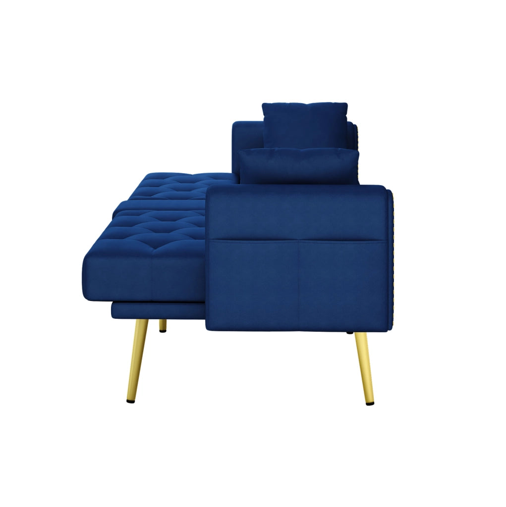 Divano letto 175x80x73，5 cm in velluto blu con portabicchieri