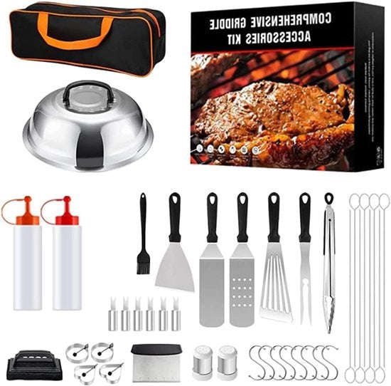 Set di barbecue in acciaio inossidabile da 42 pezzi con set di spatola per griglia e borsa da trasporto per giardino, campeggio, BBQ - set di griglia professionale