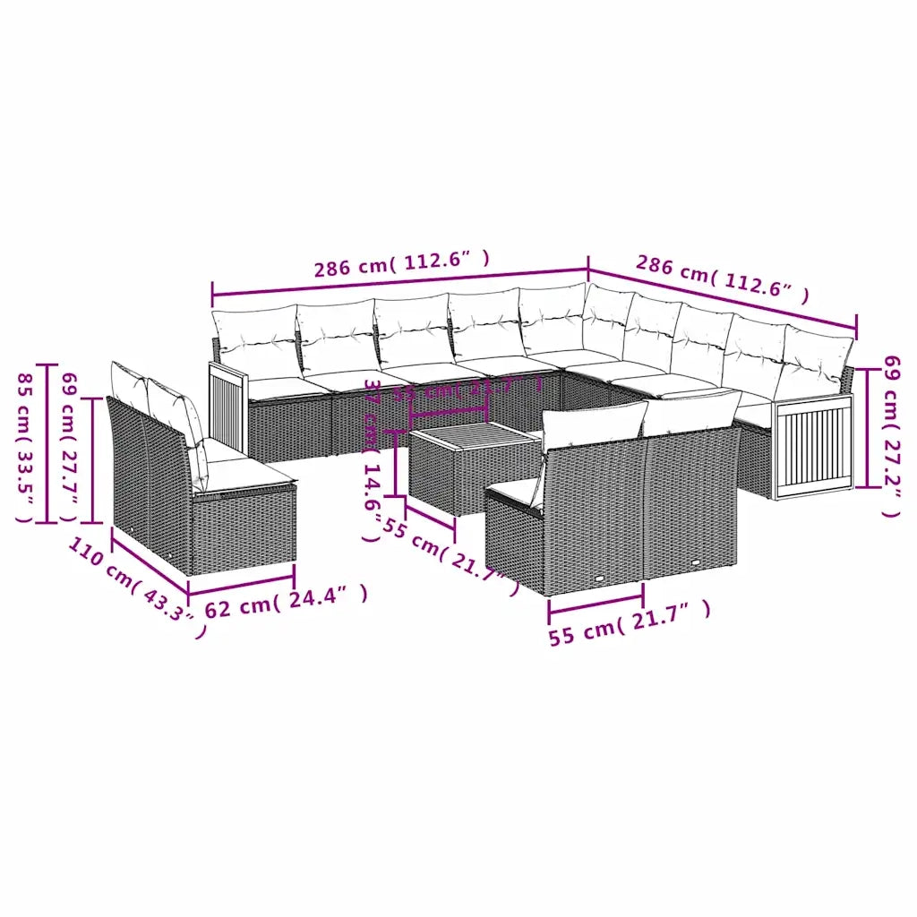Set Divani da Giardino 14 pz con Cuscini Nero in Polyrattan 3228171