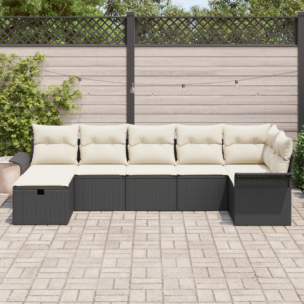 Set di divani da giardino in 7 pezzi con cuscini in polirattan nero