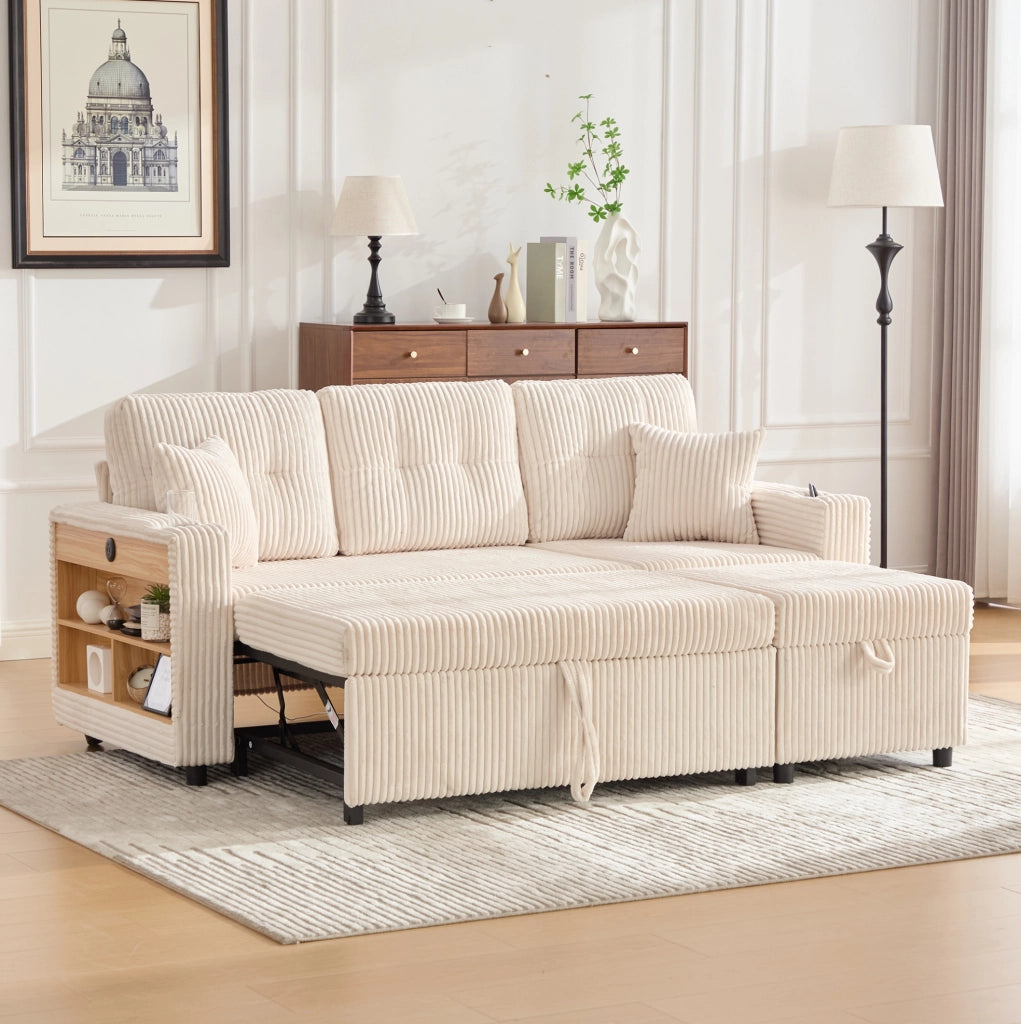 Divano letto estraibile in velluto a coste beige con contenitore; LED e USB-C