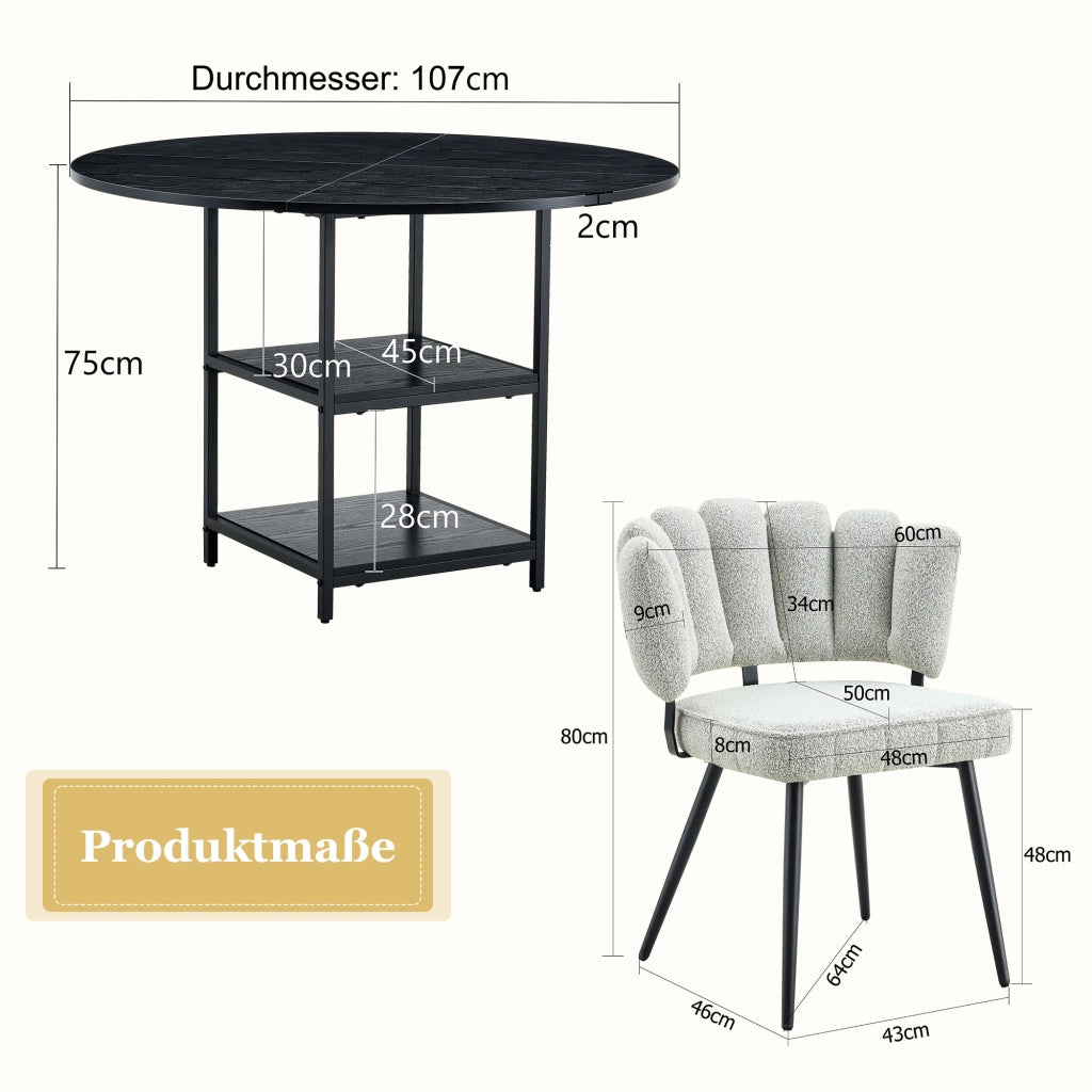 Tavolo da pranzo rotondo con 2 ripiani e 4 sedie, struttura in MDF e metallo, stile industriale, per sala da pranzo