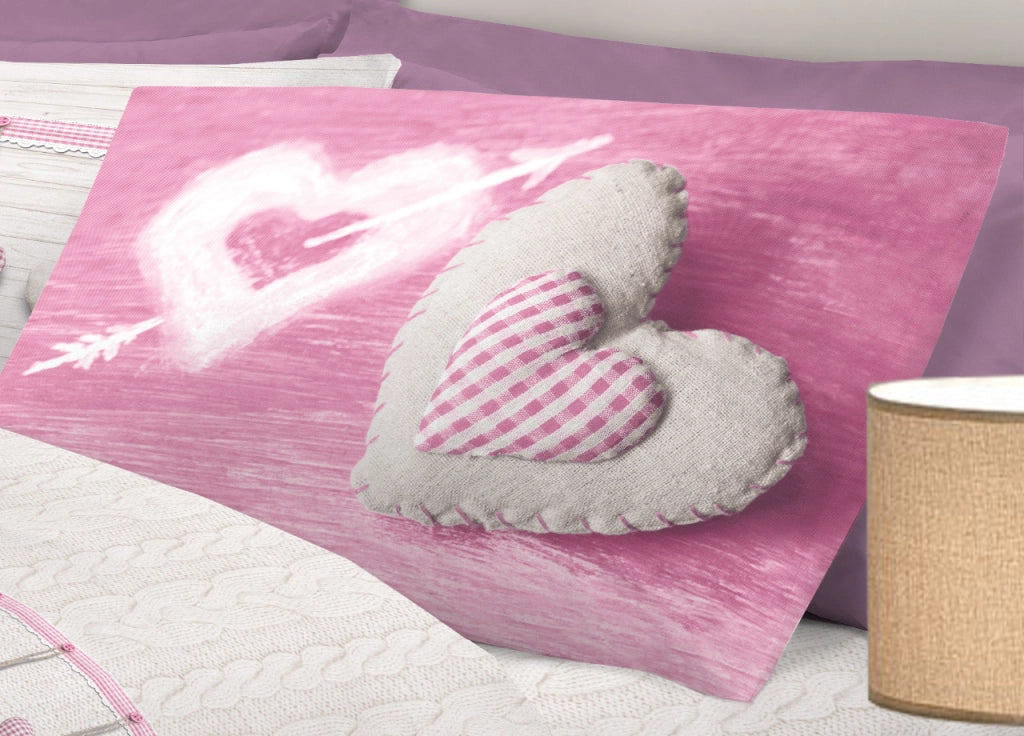 Completo Lenzuola Linea Pensieri Delicati 100% Cotone Disegno Cuore Appeso - Matrimoniale - Rosa