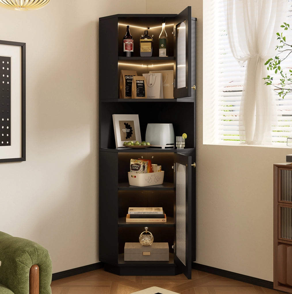 Mobile bagno angolare ULEVR con anta in vetro sagomato, vani aperti e luce interna, MDF nero