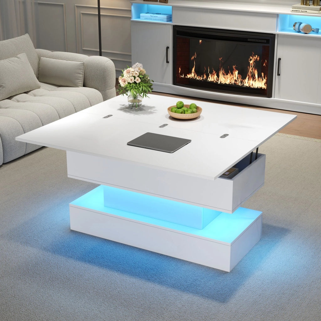 Tavolino regolabile in altezza, con presa di corrente e luci a LED, 100x50x51,5 cm, bianco