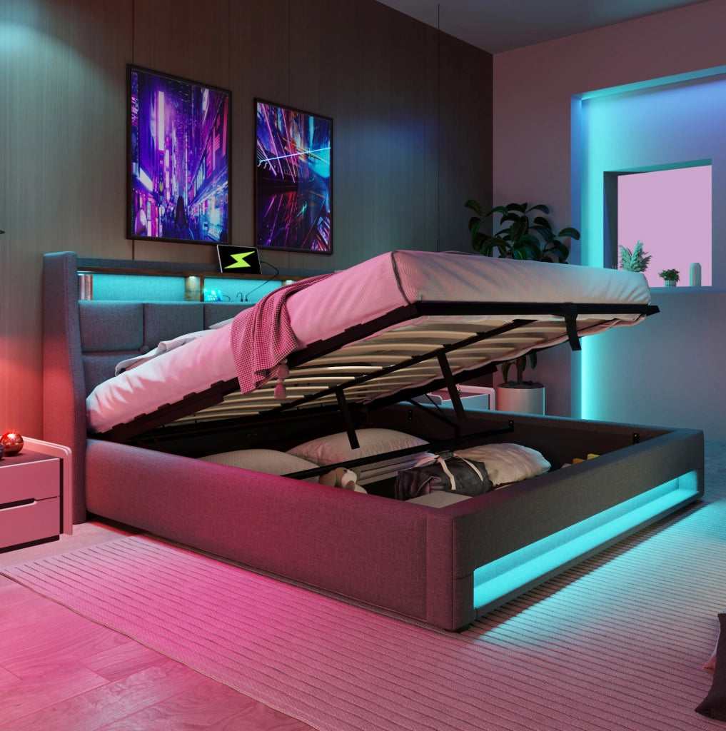 Letto imbottito 140x200 cm grigio con LED, USB e contenitore
