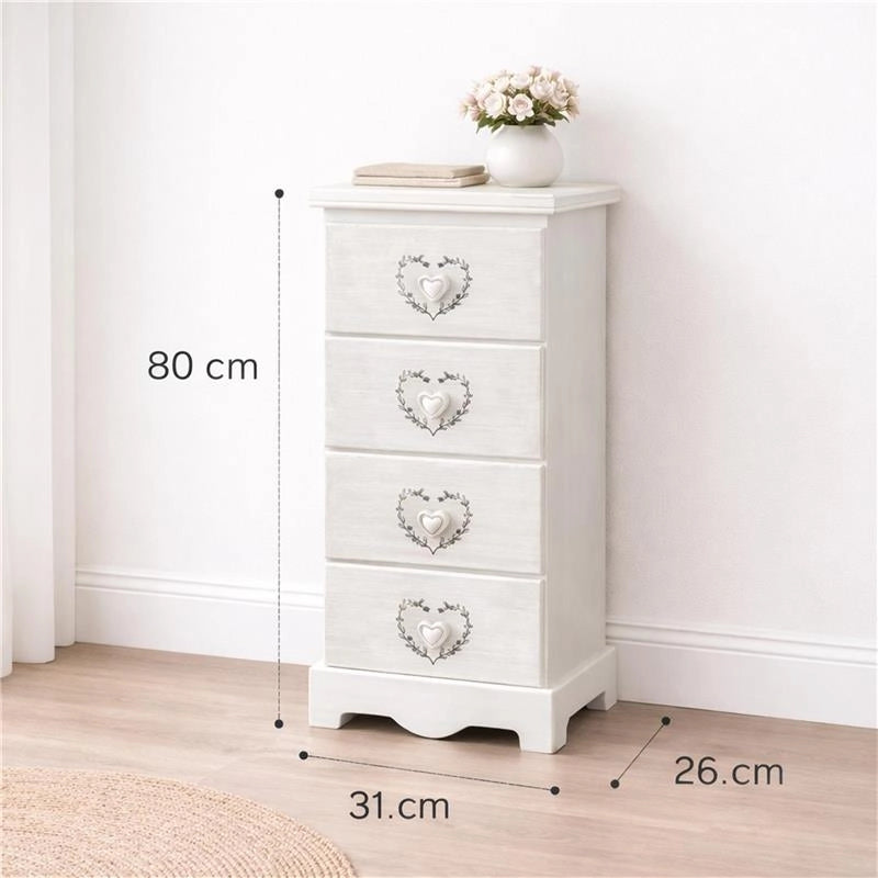 MA MAISON CASSETTIERA 4 CASSETTI IN LEGNO 31X26X80 CM, MOBILETTO SALVASPAZIO PER CAMERA DA LETTO BAGNO INGRESSO, STILE SHABBY BIANCO