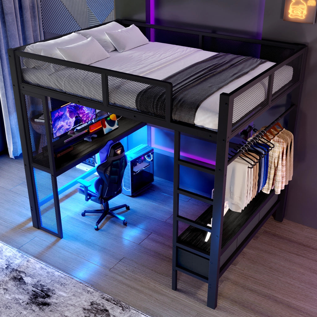 Letto a castello in metallo e MDF nero con scrivania LED USB e cassetti 140x200 cm