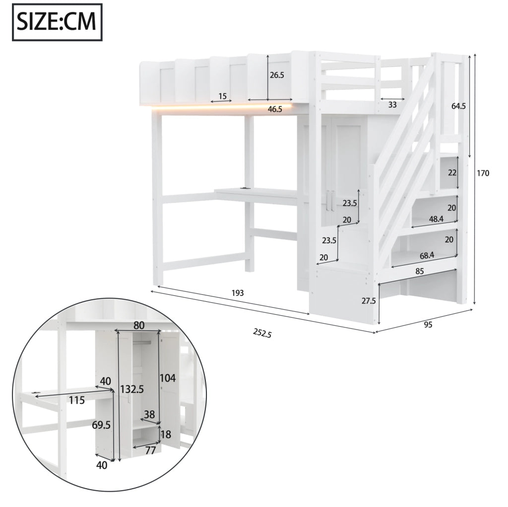 Letto a soppalco 90x200 cm in legno bianco con scrivania; armadio; scala portaoggetti e LED