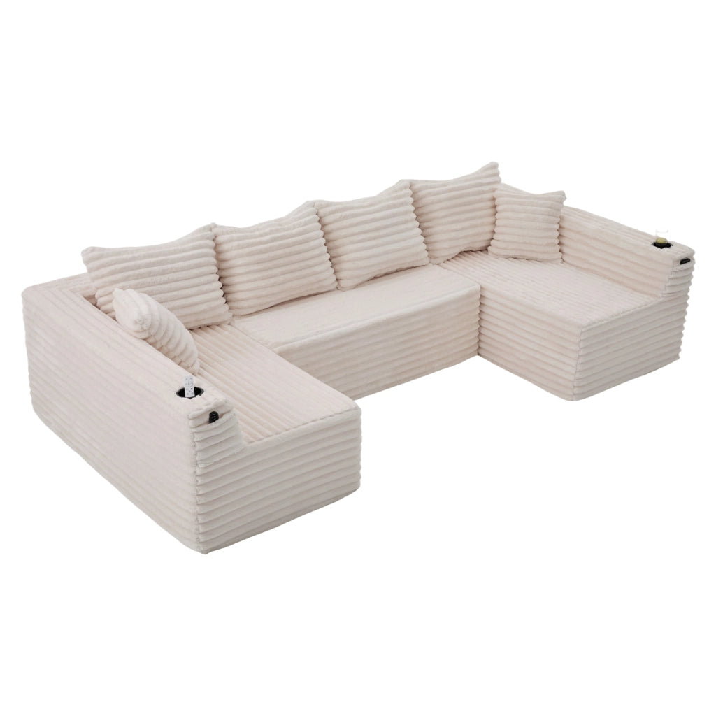 Divano modulare a U in corduroy beige con porta bicchieri, tasche laterali e imbottitura con molle, 320×155×88 cm