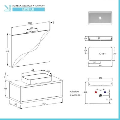 Mobile bagno sospeso 110 cm rovere miele con lavabo da appoggio e specchio Master