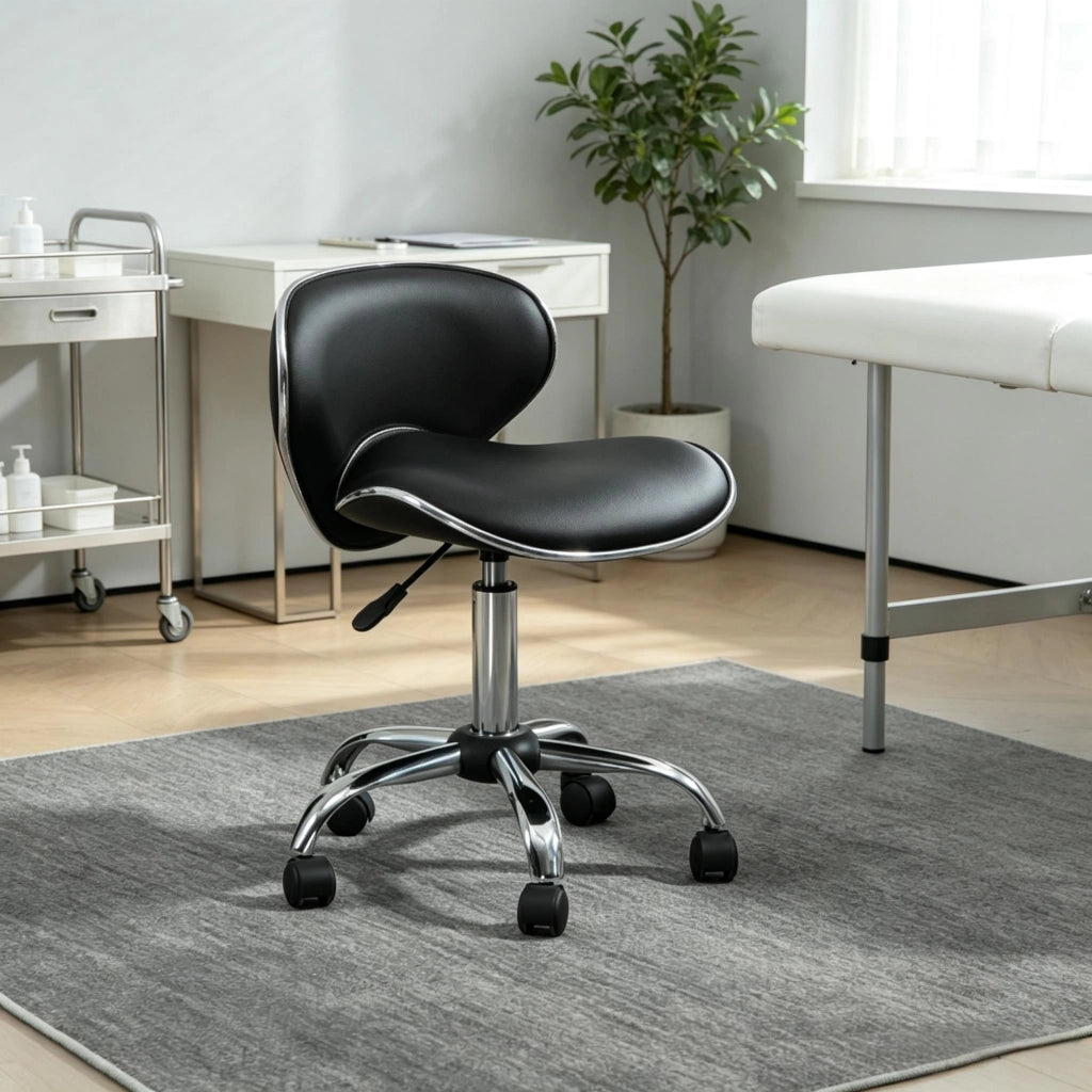 Sgabello da scrivania regolabile con schienale e ruote girevole a 360° in poliuretano nero 62-74 × 44 × 48 cm