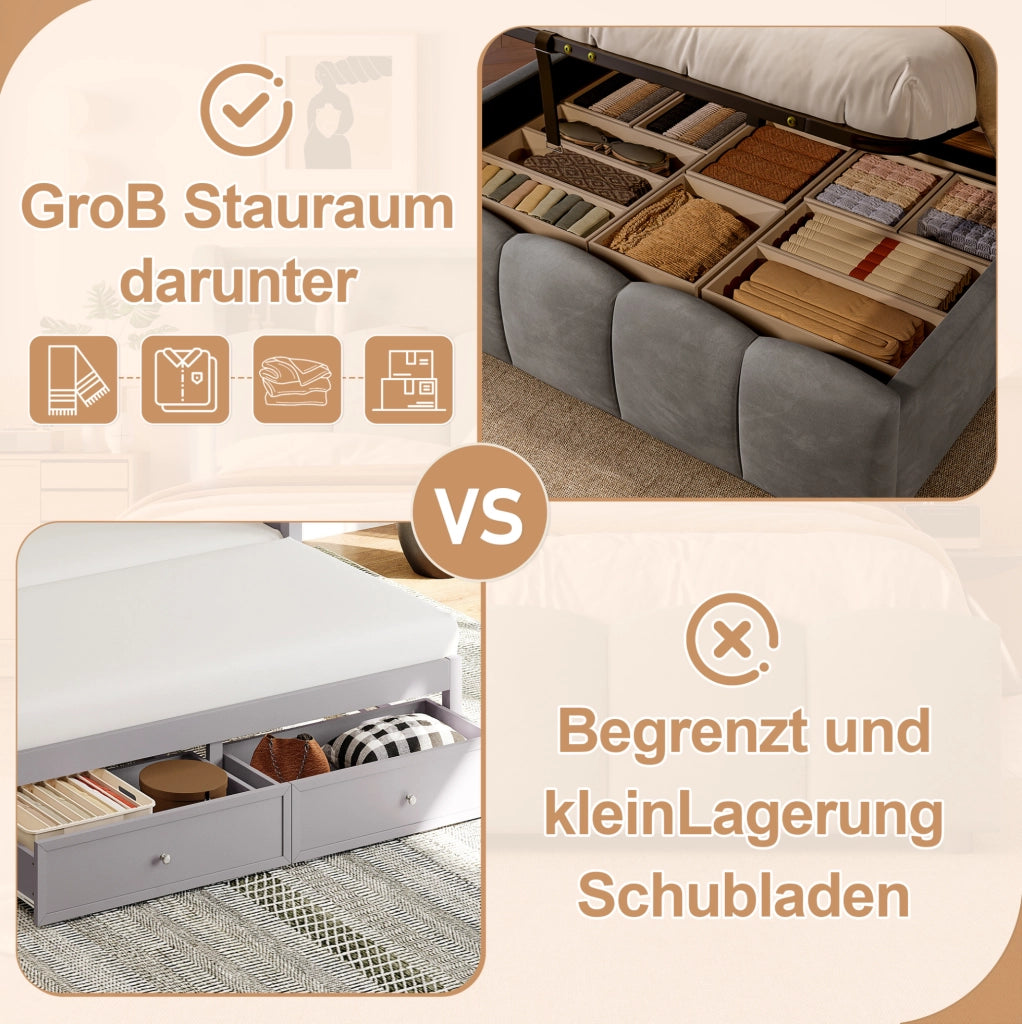 Letto imbottito 140x200 cm in velluto grigio con LED e USB