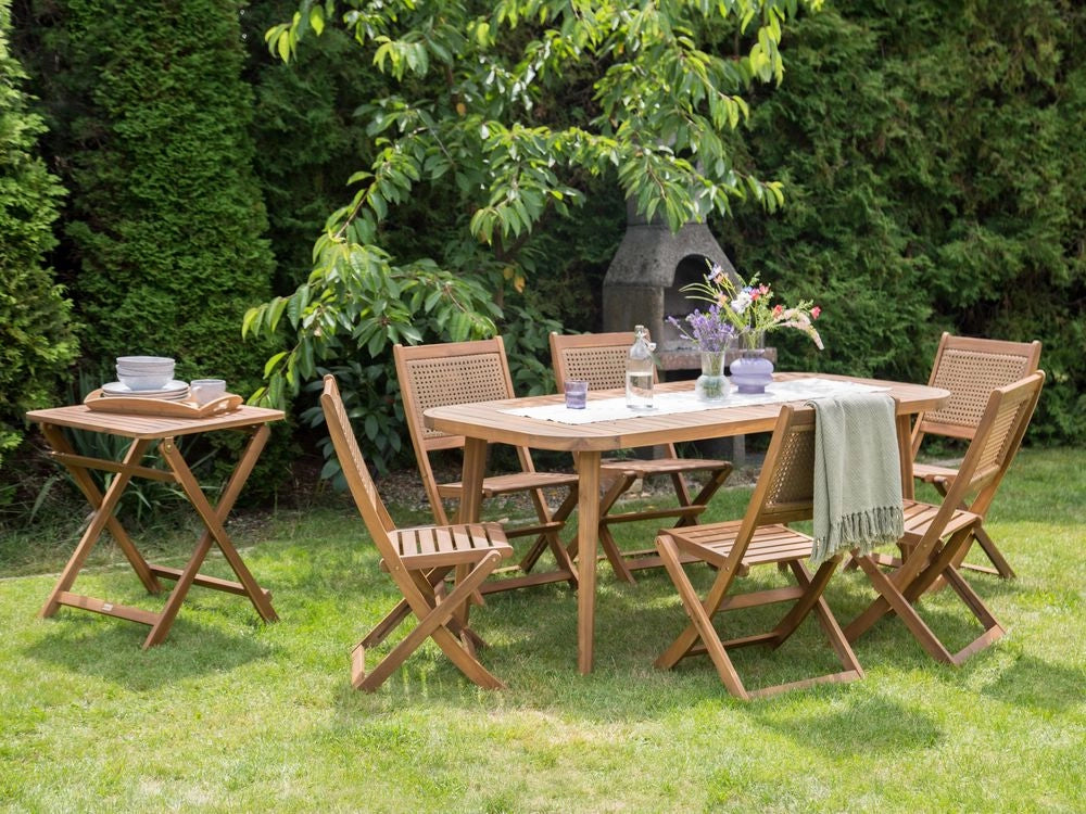 Set da pranzo da giardino a 6 posti composto da tavolo 180 x 90 cm e sedie pieghevoli stile retrò vintage