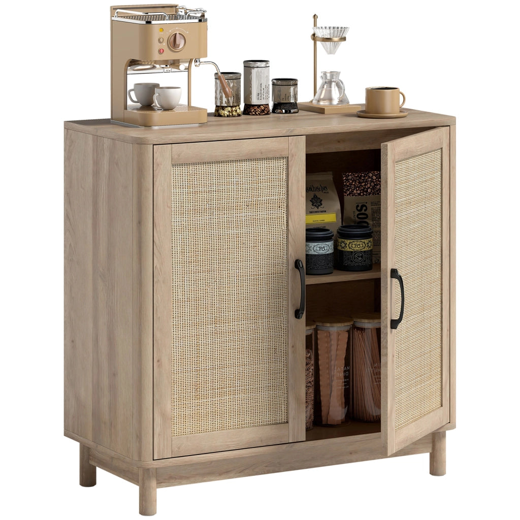 Armadio da soggiorno con ante in rattan e ripiani regolabili ¨C zephmum ¨C 76x35x75,5 cm, quercia