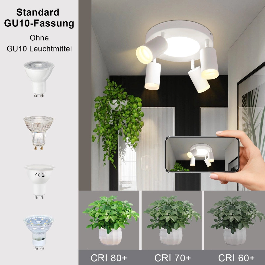 ZMH Faretto da soffitto 4 lampadine tonde 20W 3000K GU10 installazione semplice bianco caldo orientabile 350° moderno