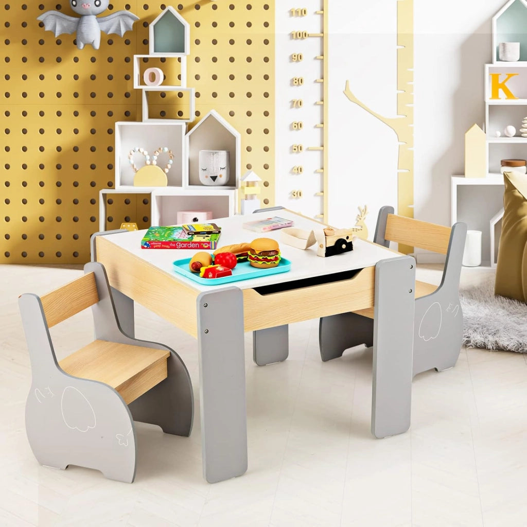 Set Tavolo e Sedie per Bambini, Set di Tavolo da Attività per Bambini con 2 Sedie, Lavagna Rimovibile e Deposito, per Giocare, Disegnare e Leggere (grigio)