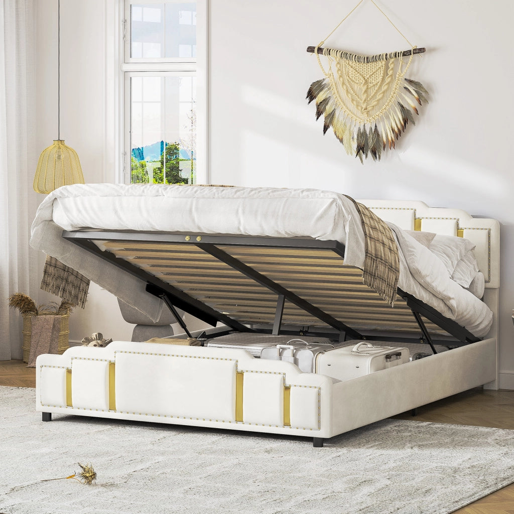 Letto contenitore matrimoniale 140 × 200 cm con LED regolabile e sollevamento idraulico, senza materasso, velluto beige