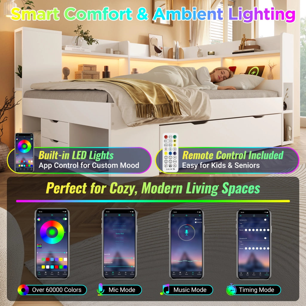 DESMIU Letto singolo 140 × 200 cm con USB, Type-C, LED, ripiani e cassetti, senza materasso, in legno, bianco