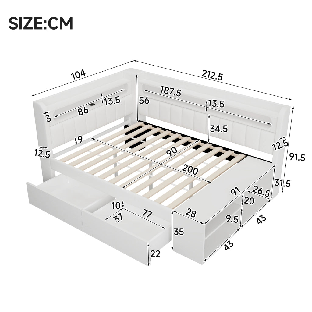 Letto Contenitore Letto Singolo 90x200 cm; USB; LED; 2 Cassetti; in MDF; Bianco