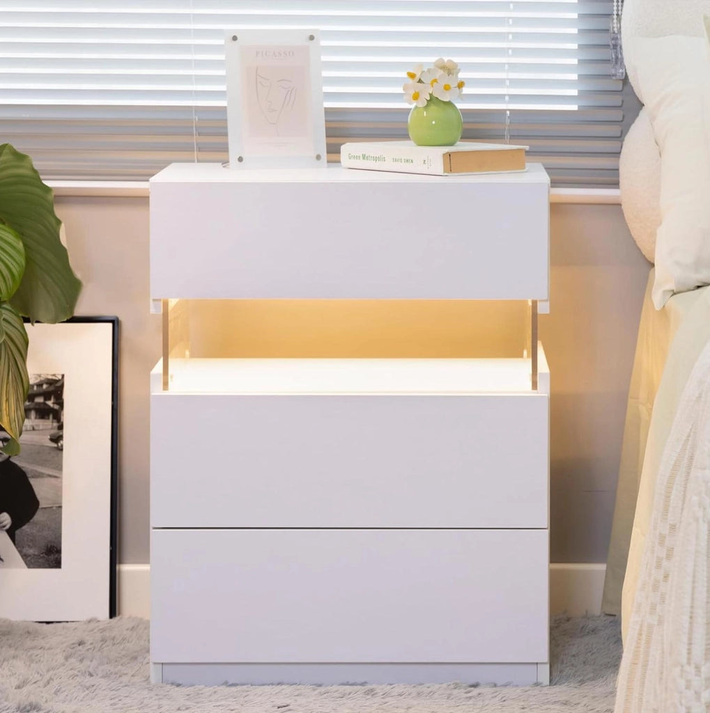 Comodino LED bianco con 3 cassetti e pannello acrilico