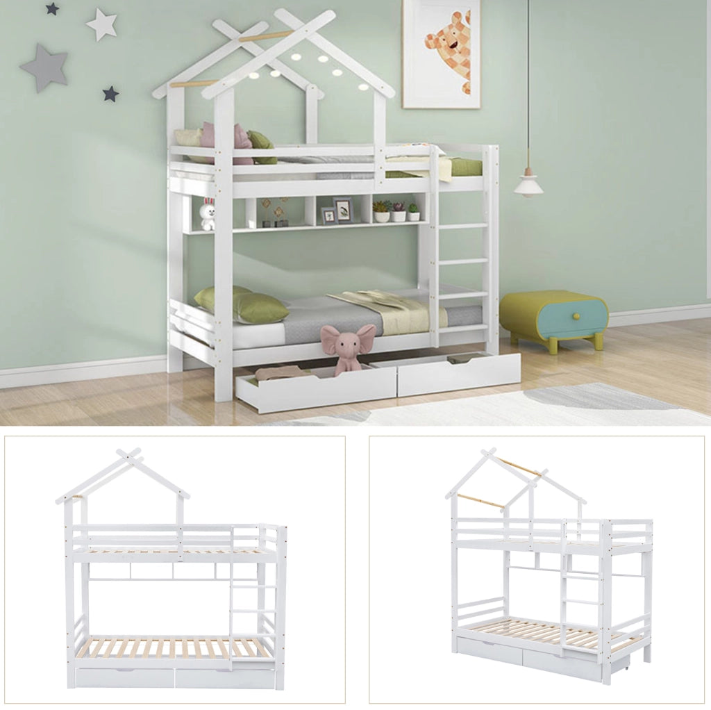 Letto a castello 90x200 cm bianco con cassetti, mensole e scala in pino