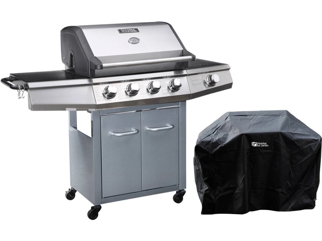 Barbecue a gas "Bingo 5" - 5 piastre di cui 1 laterale - 15.2kW + Fodera di protezione - Argentato con LED