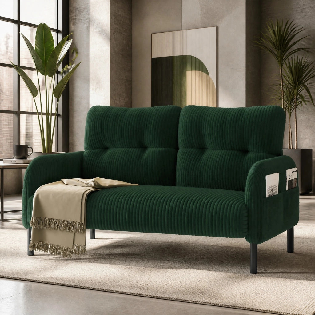 DIVANO 2 posti in corduroy verde smeraldo con tasca laterale, 120 x 75 x 79 cm