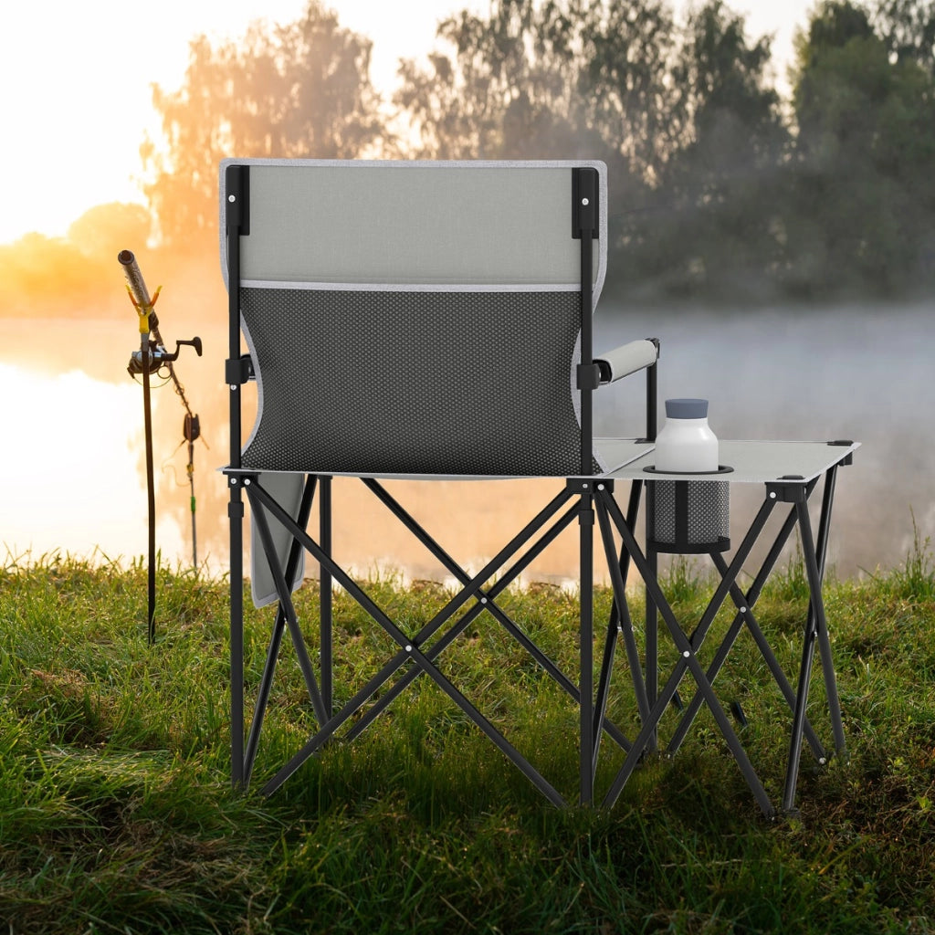 Sedia da picnic pieghevole con 2 tasche braccioli imbottiti borsa da trasporto, Sedia da campeggio con tavolino laterale Grigio