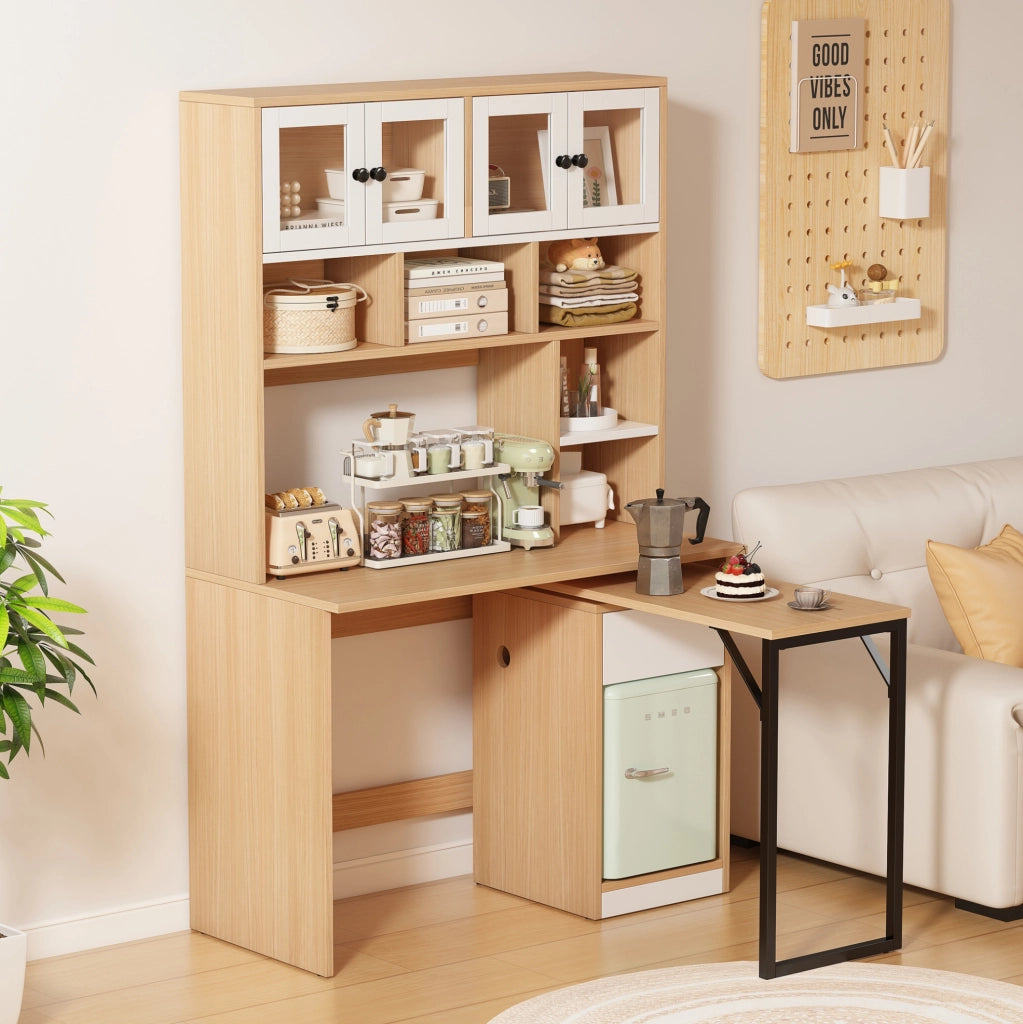 Scrivania con mobile contenitore e piano girevole; MDF; bianco e naturale