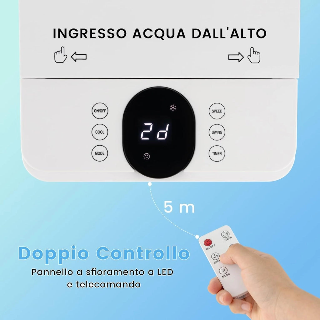 Condizionatore Portatile 3 in 1, Condizionatore d'aria Evaporativo portatile con Raffreddamento, Ventola e Umidificazione, 3 Velocità del Vento, 12H Timer, Doppio Serbatoio d'acqua(Bianco)