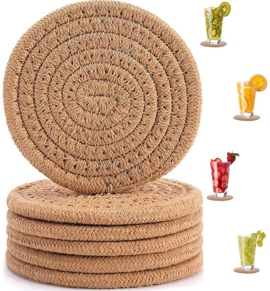 Sottopiani per bibite, 6 pezzi sottopiani manufatti, bicchieri con supporto, sottopiani rotondi in cotone, lavabili, sottopiani resistenti al trascinamento, decorazione da tavola (marrone)